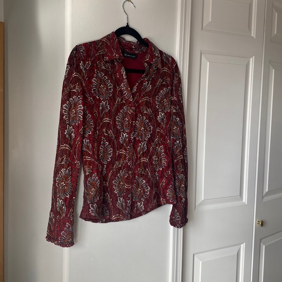 INC - Dark Red Button Down Geometric Pattern V-Neck Long Sleeve Blouse - Picture 1 of 7